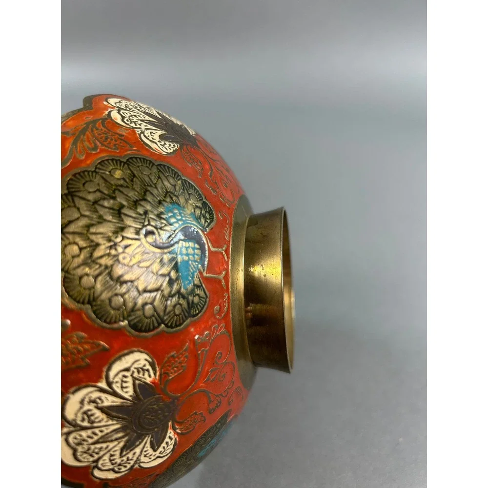 Vintage Brass Enamel Peacock Bowl Red Blue Scalloped Edge Decorative Dish 5 inch